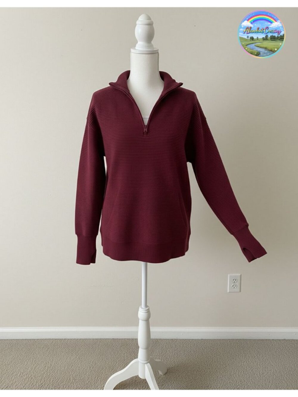 V-Neck Quarter Zip Pullover Sweater With Thumb Holes